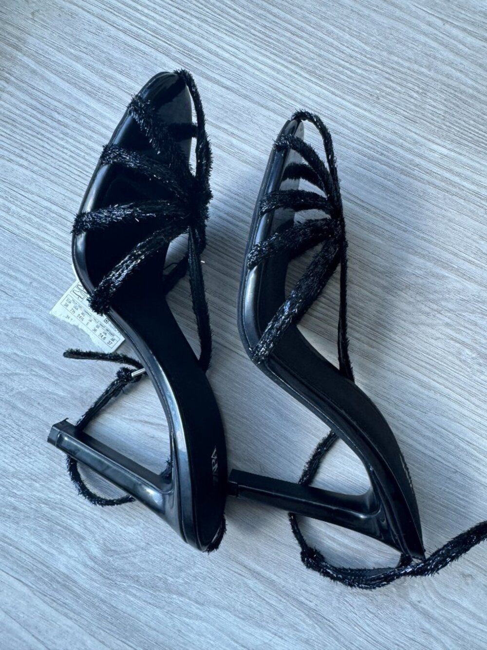 ZARA Textured Fringed Strappy Heeled Sandals - Black / Size 8 (EU 38) NWT - Picture 7 of 13